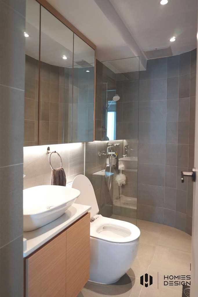 Minimalist Bathroom with Countertop and Herringbone Tiling