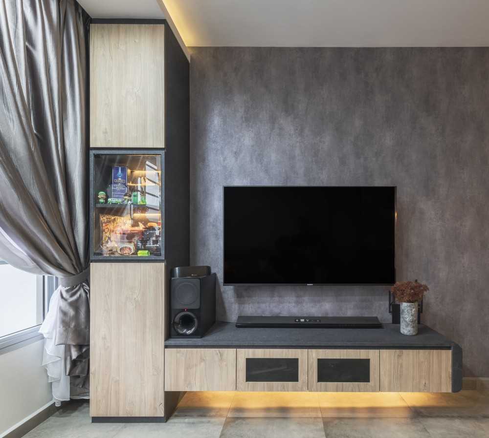 Industrial Living Room with Homogeneous Tiles and TV Console