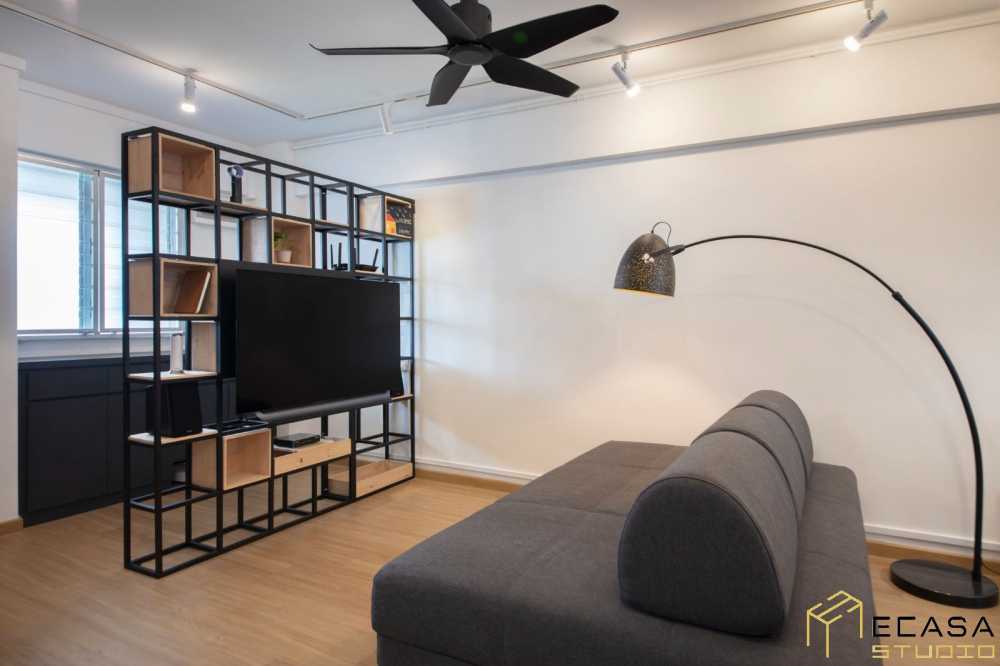Modern Living Room with Bookshelf and Wood Flooring
