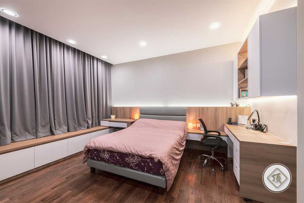 Contemporary Bedroom with Bookshelf and Wood Flooring