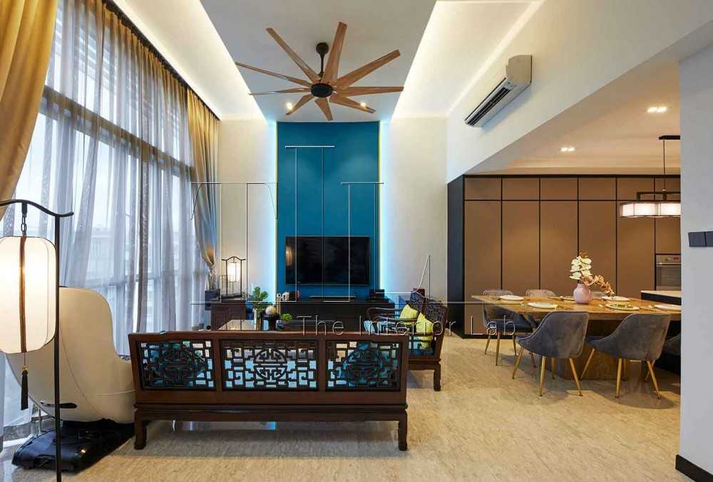 Asian Living Room with TV Console and Feature Wall