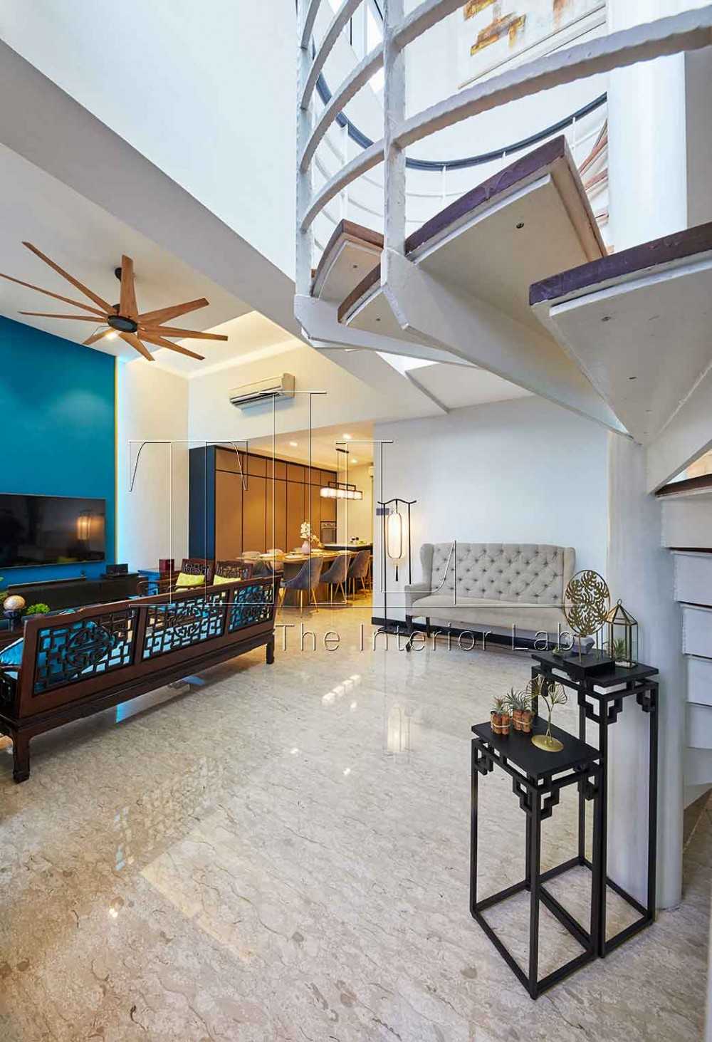 Asian Living Room with Staircase and Ceiling Fan