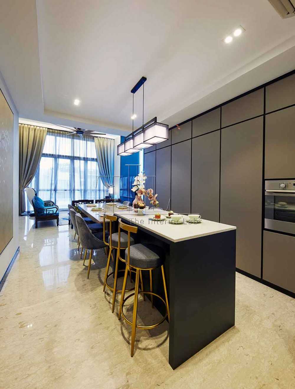 Asian Dining Room with Marble Floor and Dining Table