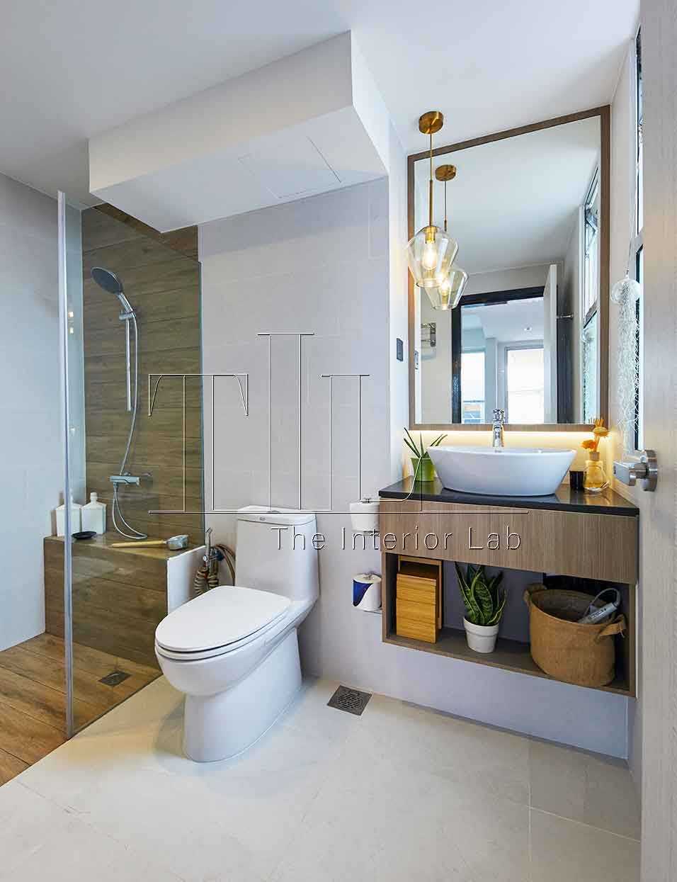 Asian Bathroom with Wood Flooring and Mirror