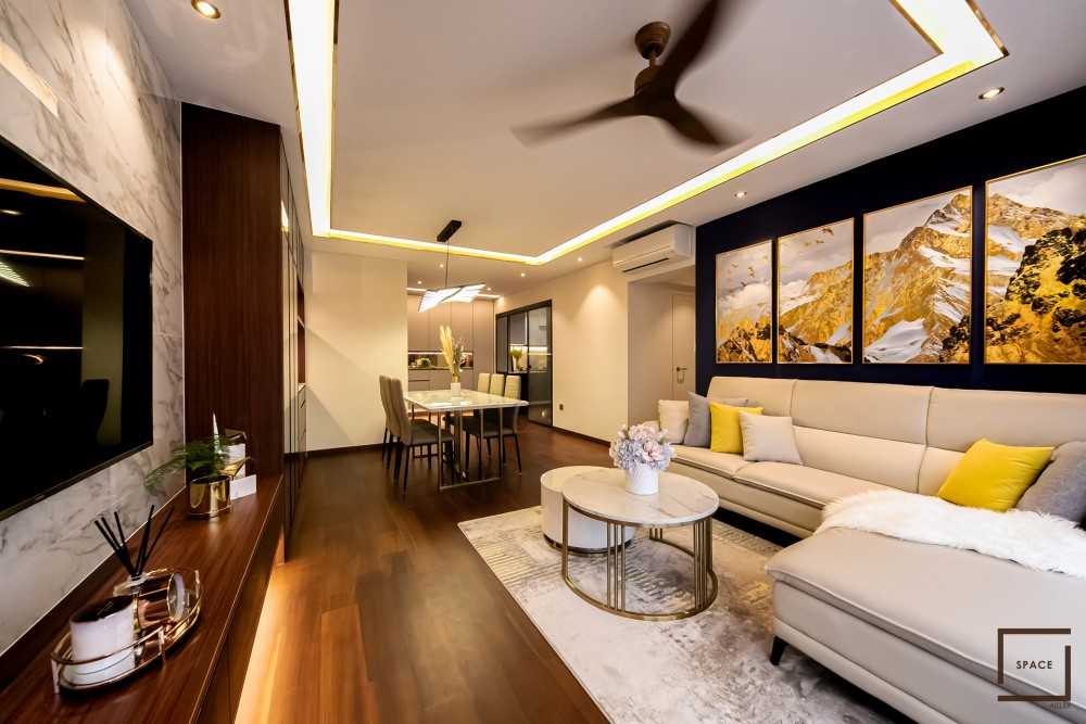 Modern Living Room with TV Console and Cove Lighting
