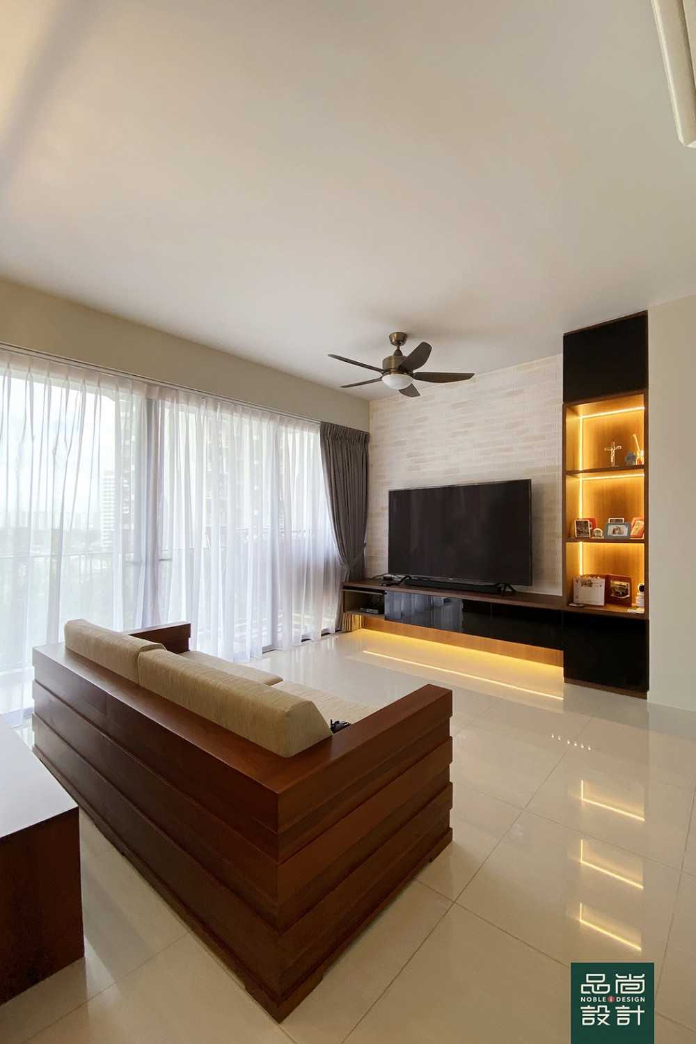 Asian Living Room with TV Console and Feature Wall