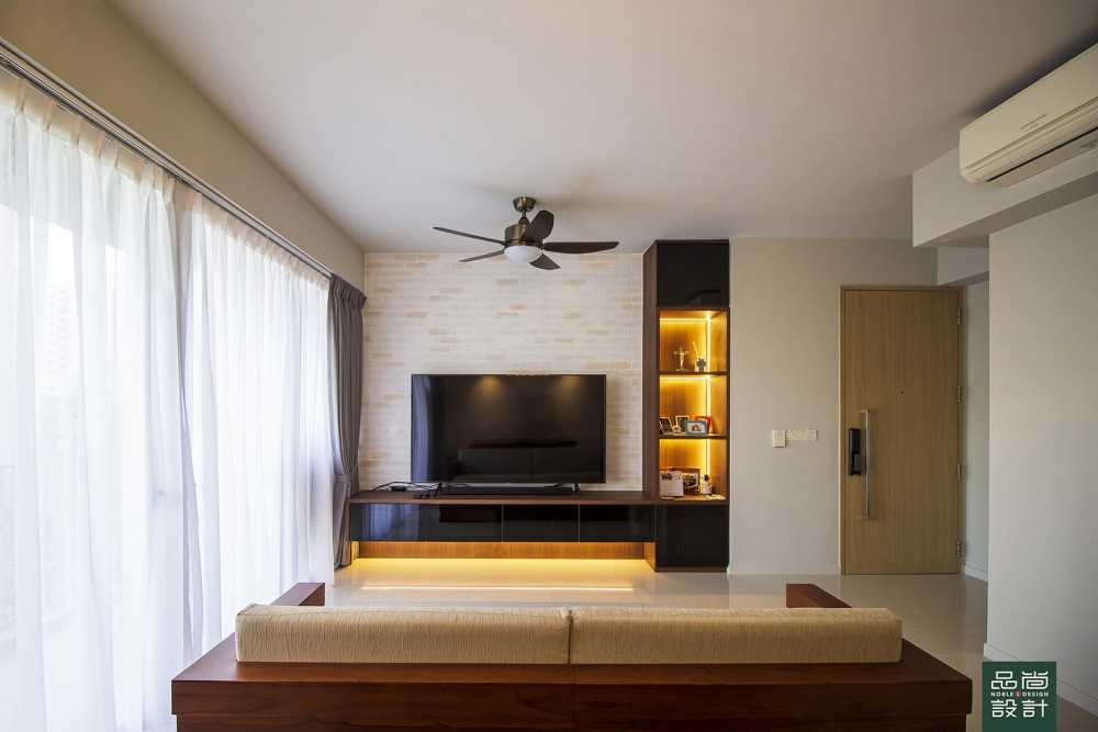 Asian Living Room with Homogeneous Tiles and TV Console