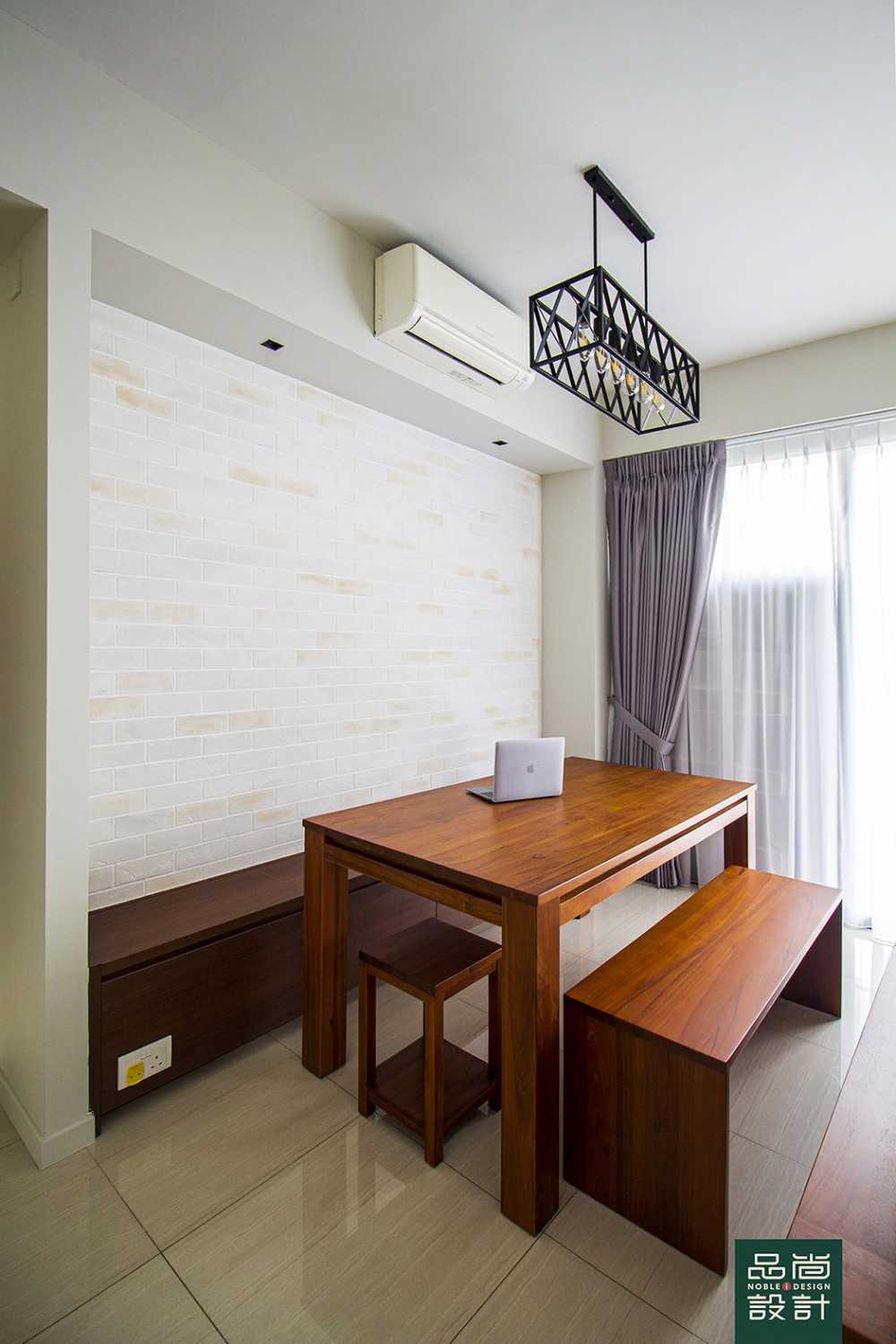 Asian Dining Room with Feature Wall and Seating Bench