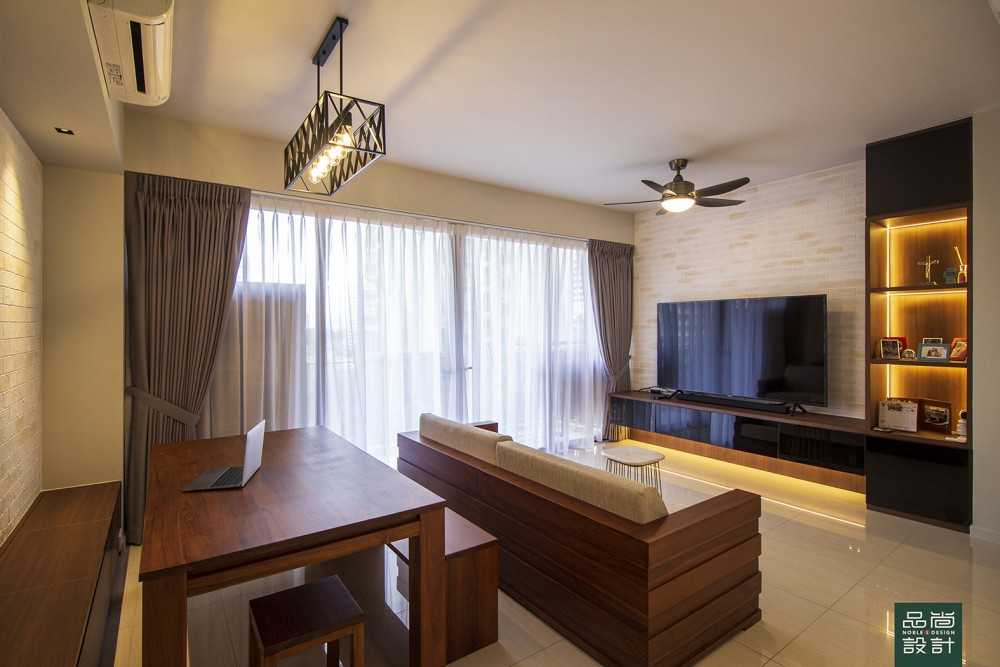 Asian Living Room with TV Console and Feature Wall