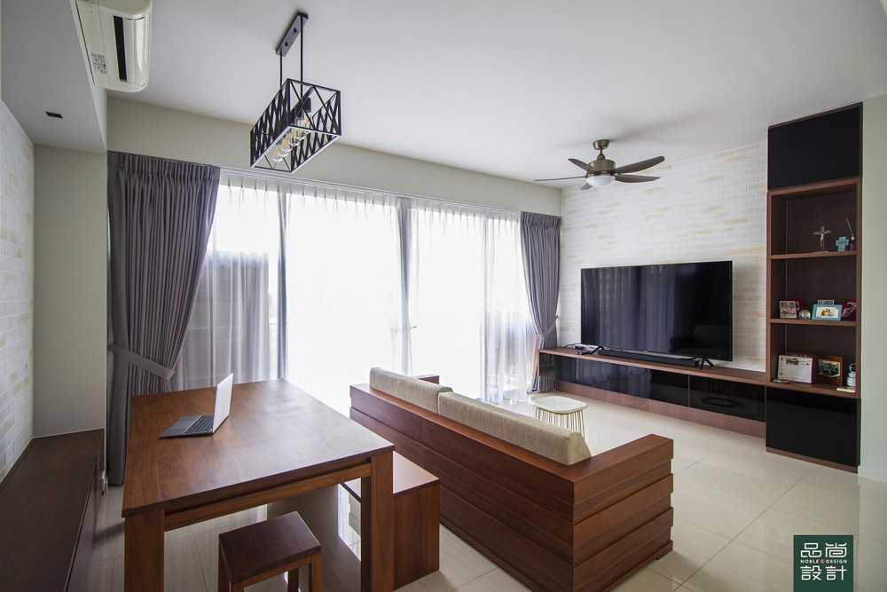 Asian Living Room with TV Console and Feature Wall