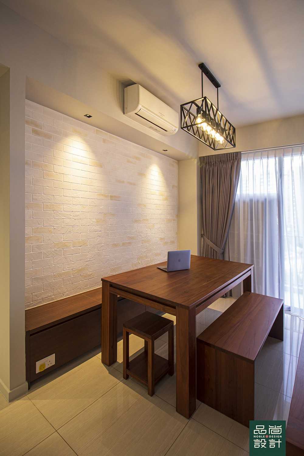 Asian Dining Room with Feature Wall and Seating Bench