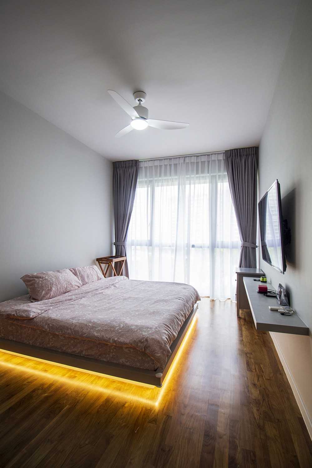 Asian Bedroom with Platform Bed and Parquet Floor