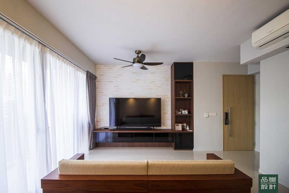 Asian Living Room with Homogeneous Tiles and TV Console