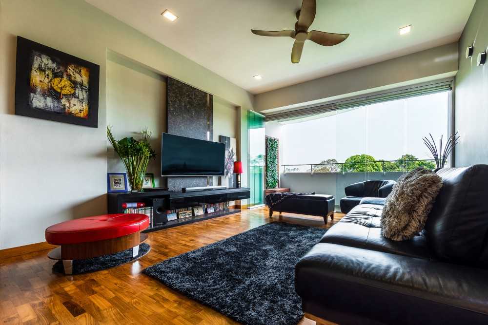 Asian Living Room with TV Console and Feature Wall