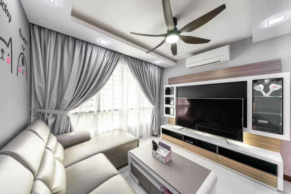 Contemporary Living Room with Homogeneous Tiles and TV Console