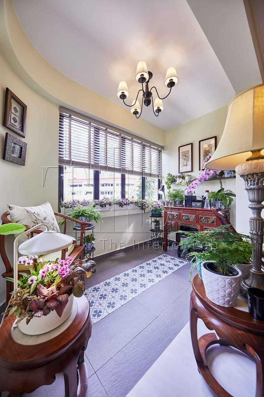 Asian Balcony with Window Shutters and Outdoor Table