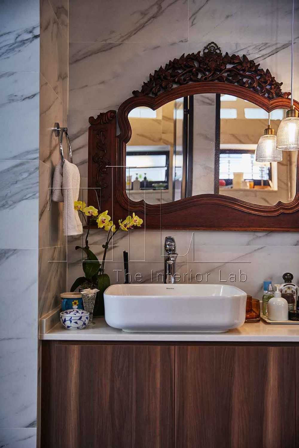 Asian Bathroom with Countertop and Mirror
