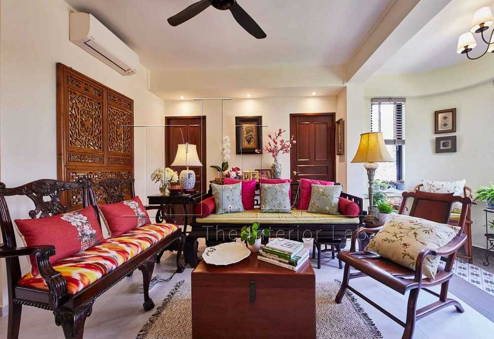 Asian Living Room with Marble Floor and Seating Bench