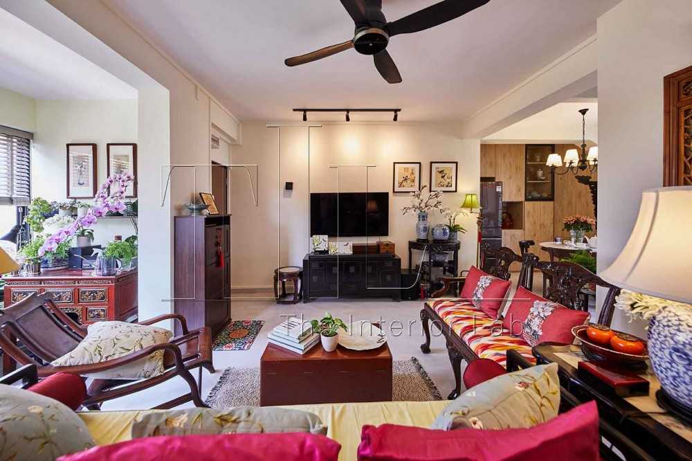 Asian Living Room with Marble Floor and TV Console