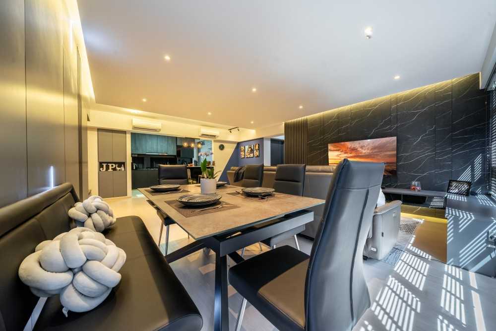 Modern Dining Room with Drop Light and Downlights