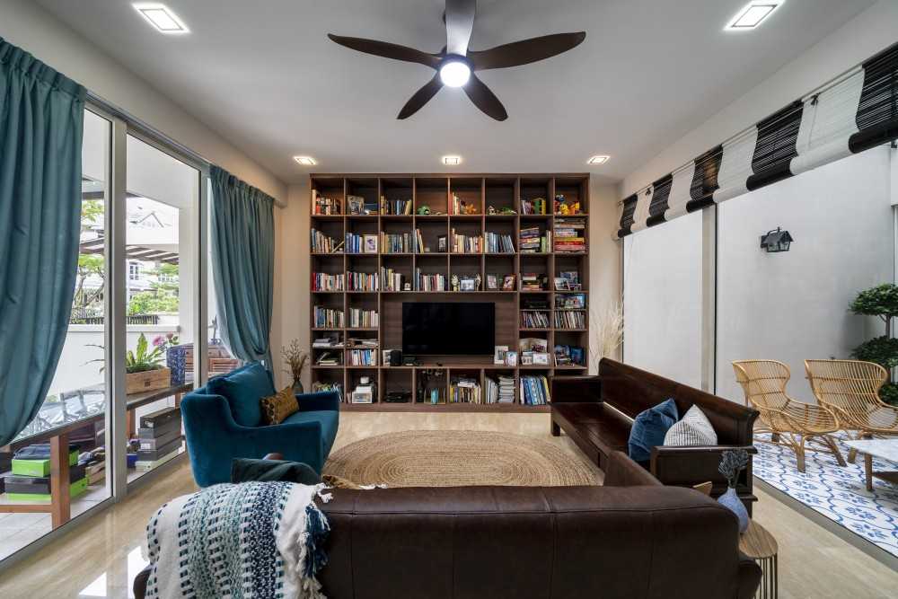 Modern Living Room with Bookshelf and Marble Floor