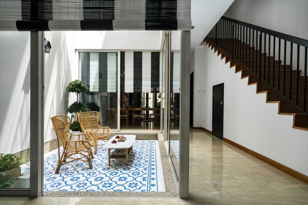 Modern Hallway with Staircase and Tiles