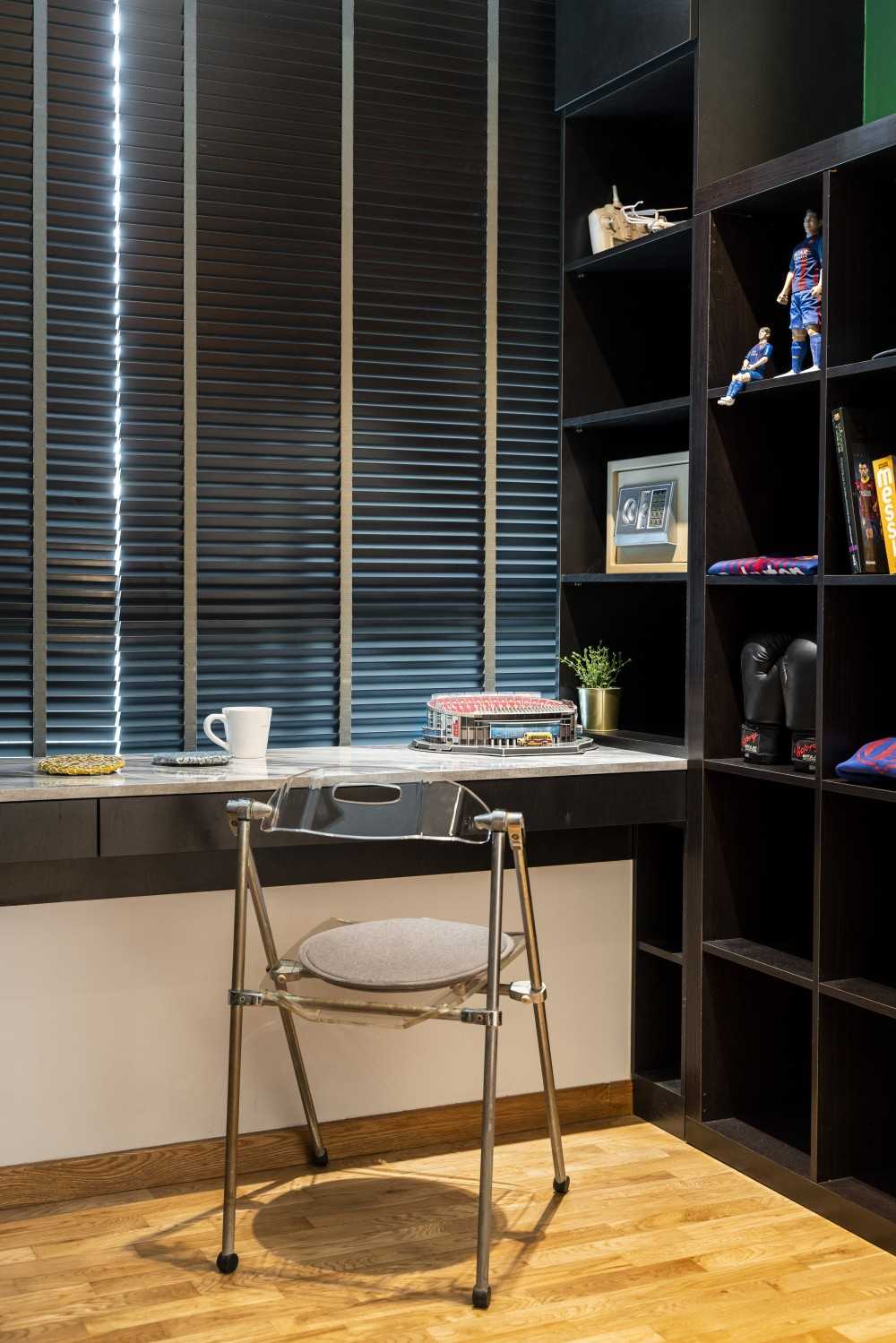 Modern Studio with Bookshelf and Side Table