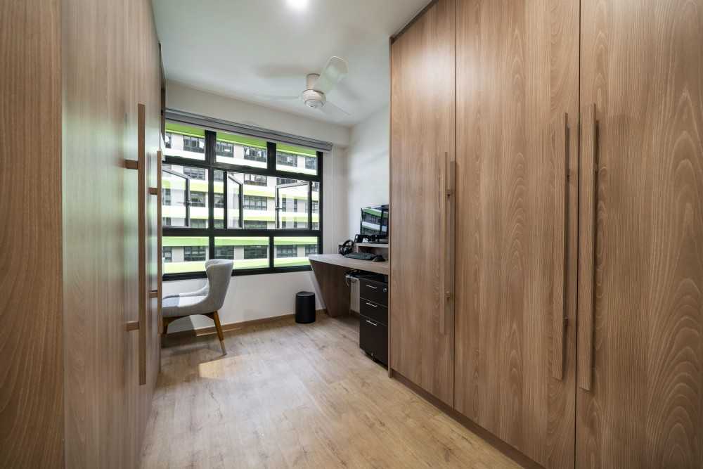 Scandinavian Study with Wood Flooring and Wardrobe
