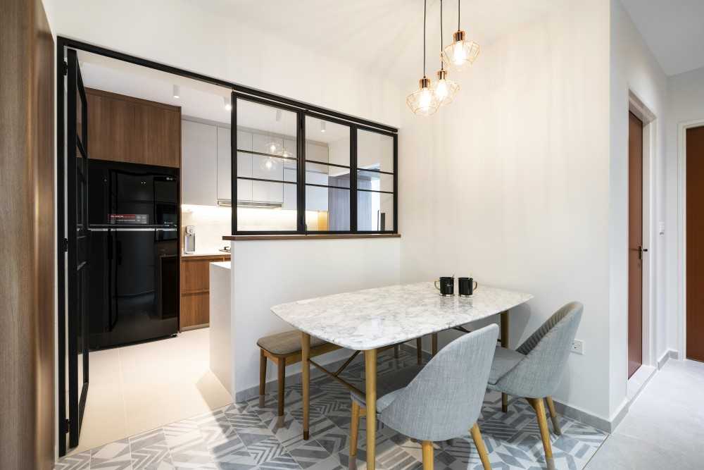 Scandinavian Dining Room with Homogeneous Tiles and Dining Table