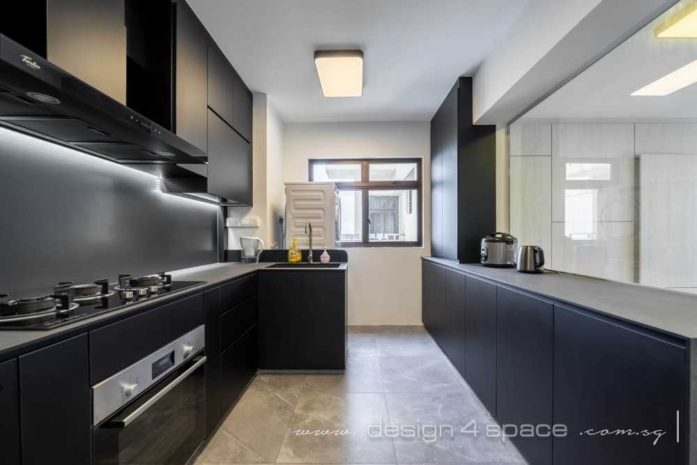 Minimalist Kitchen with Homogeneous Tiles and Kitchen Window