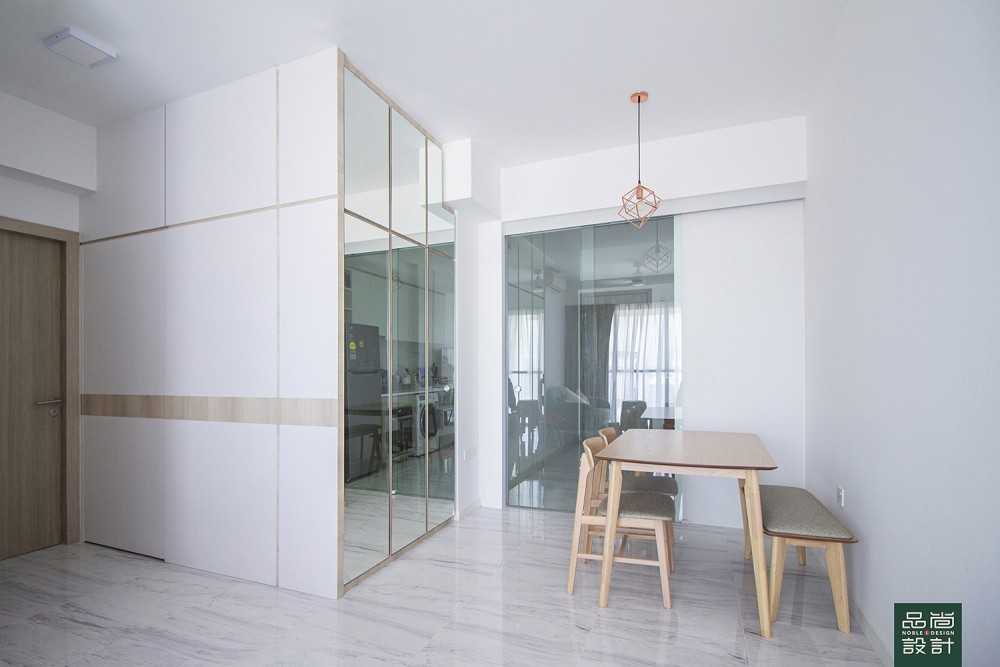 Modern Dining Room with Marble Floor and Feature Wall