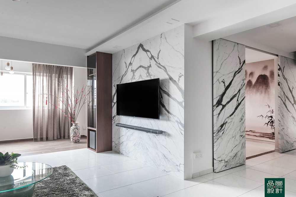 Modern Living Room with Homogeneous Tiles and Feature Wall