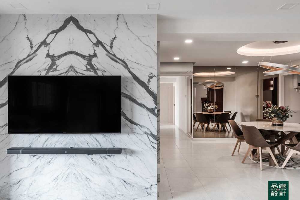 Modern Dining Room with Homogeneous Tiles and Feature Wall