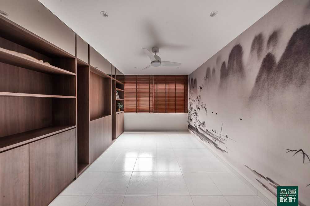 Modern Studio with Wallpaper and Storage Cabinets