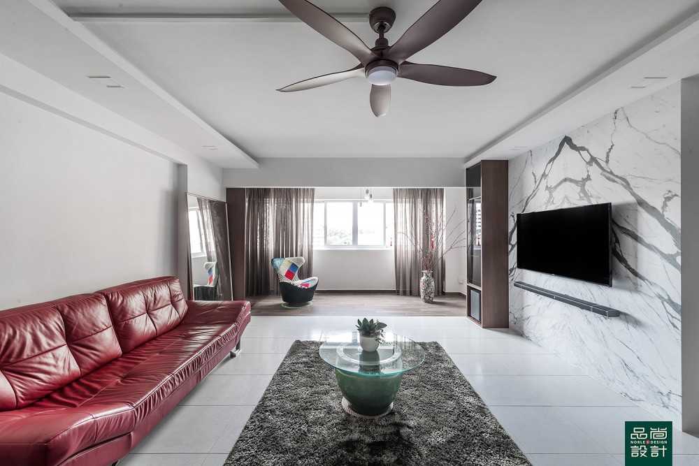 Modern Living Room with Homogeneous Tiles and TV Console
