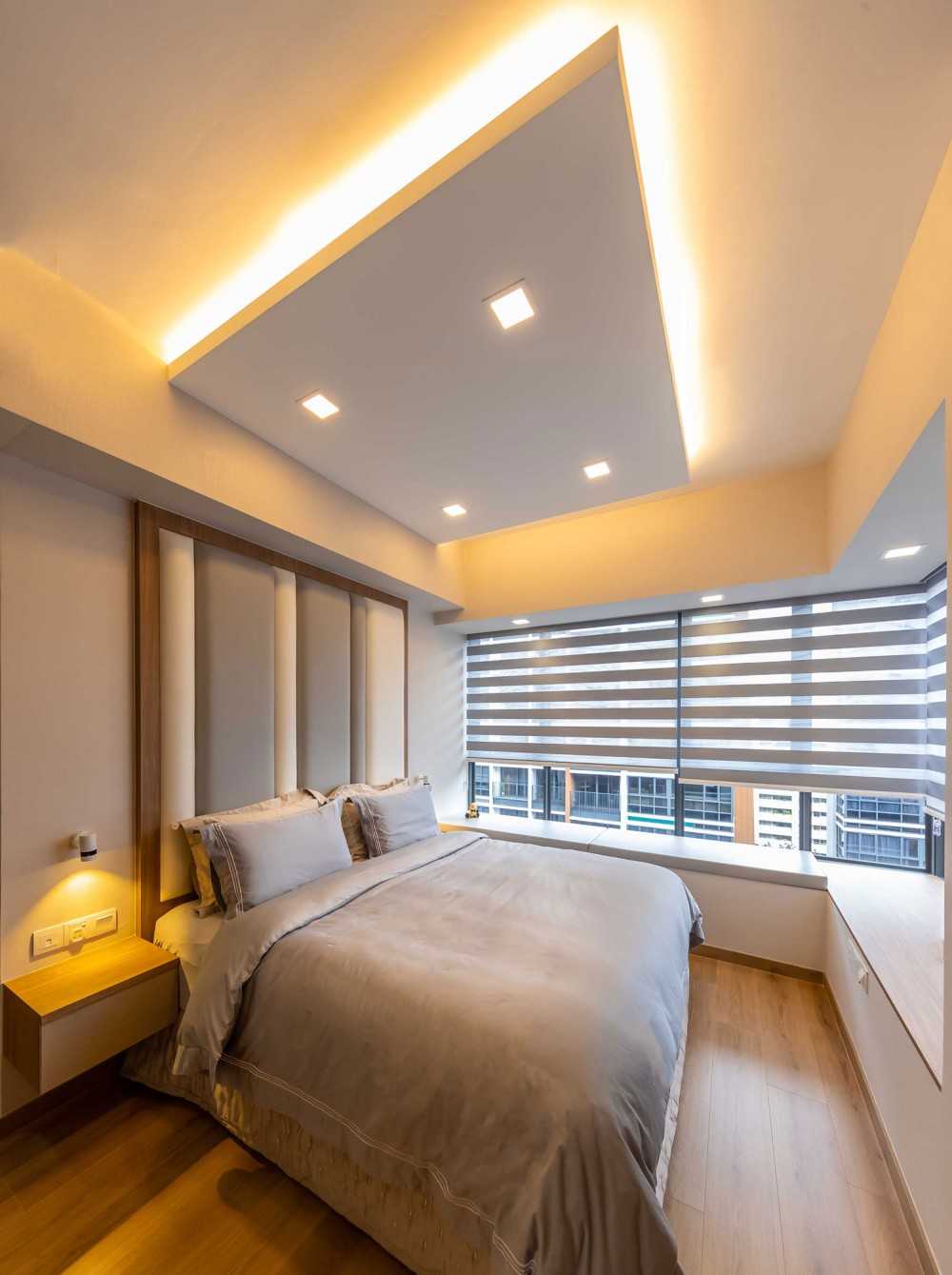 Modern Bedroom with Bay Window and Cove Lighting
