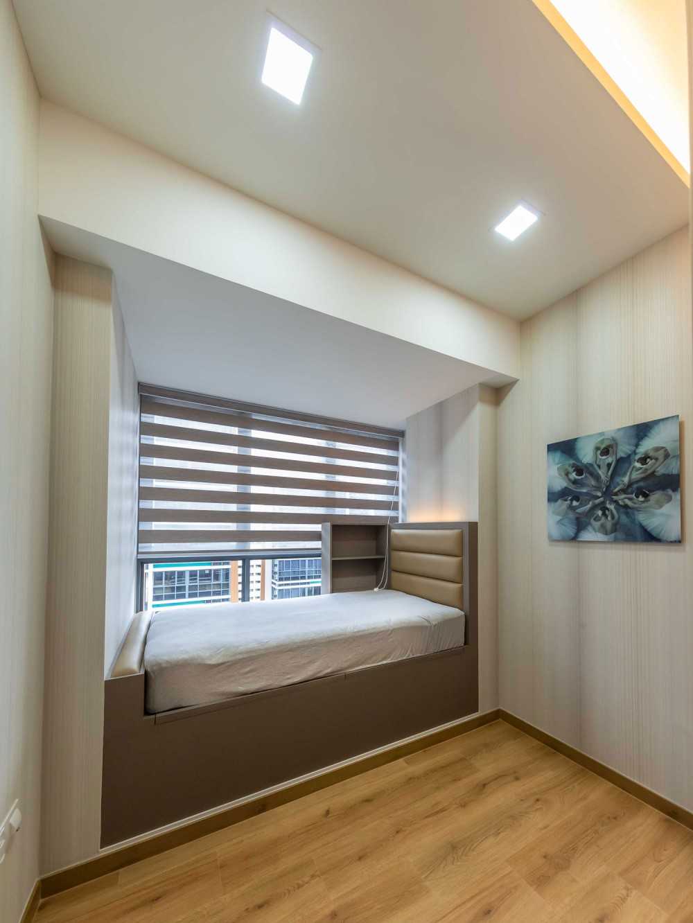 Modern Bedroom with Wood Flooring and Downlights