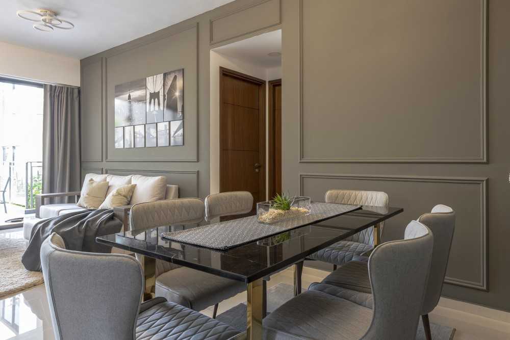 Modern Dining Room with Feature Wall and Ceiling Light