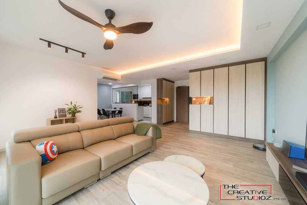 Scandinavian Living Room with Vinyl Flooring and Cove Lighting