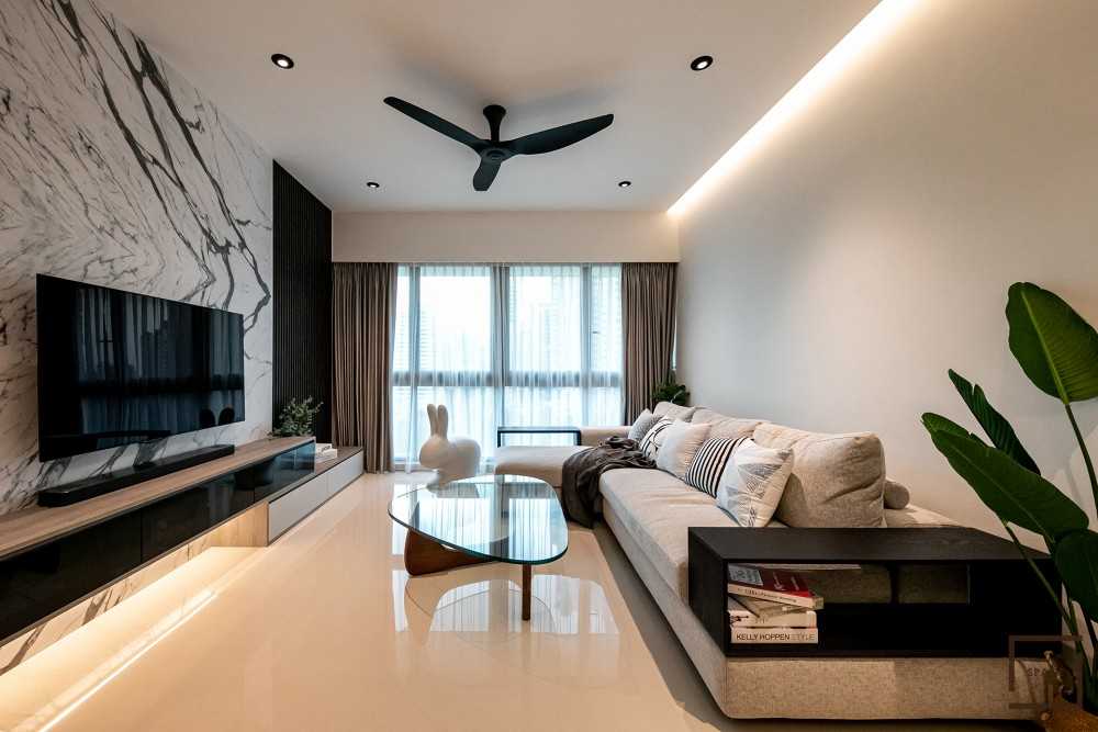 Contemporary Living Room with Homogeneous Tiles and TV Console