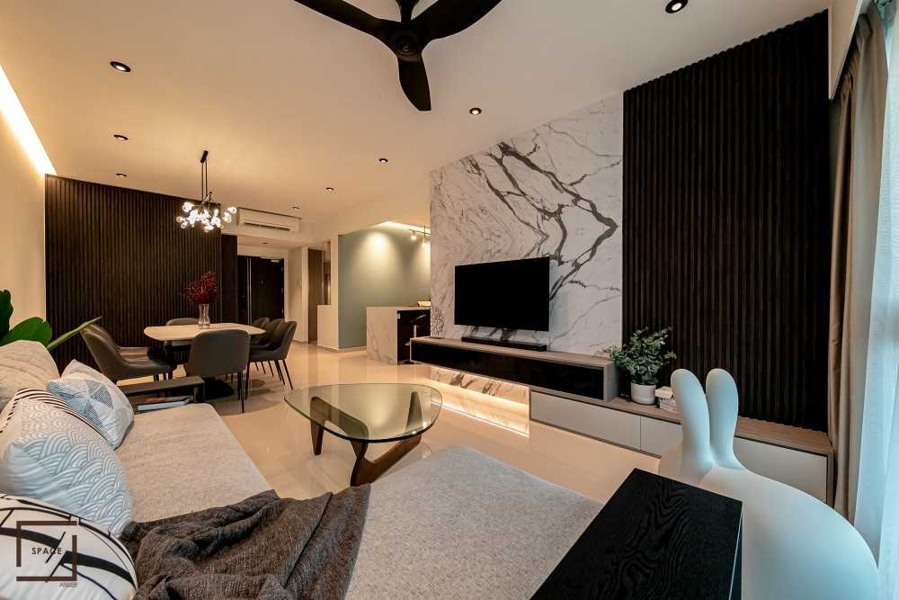 Contemporary Living Room with Homogeneous Tiles and TV Console