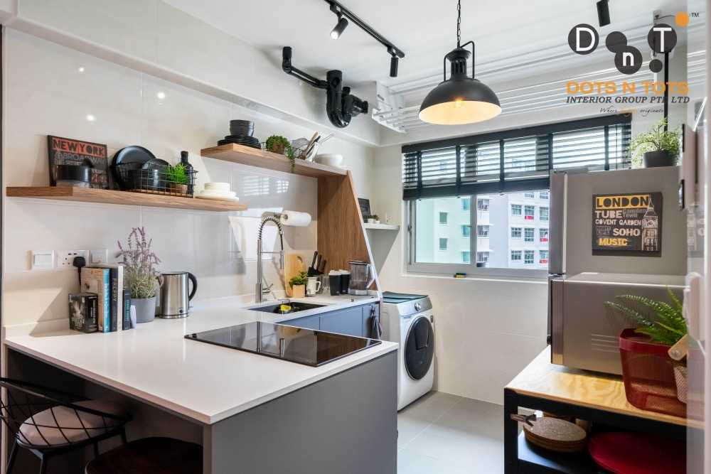 Industrial Kitchen with Herringbone Tiling and Kitchen Window
