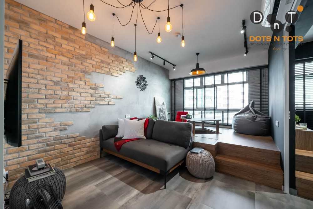 Industrial Living Room with Homogeneous Tiles and Feature Wall