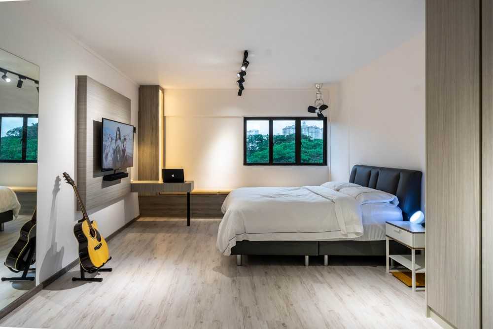 Modern Bedroom with Bookshelf and Bay Window