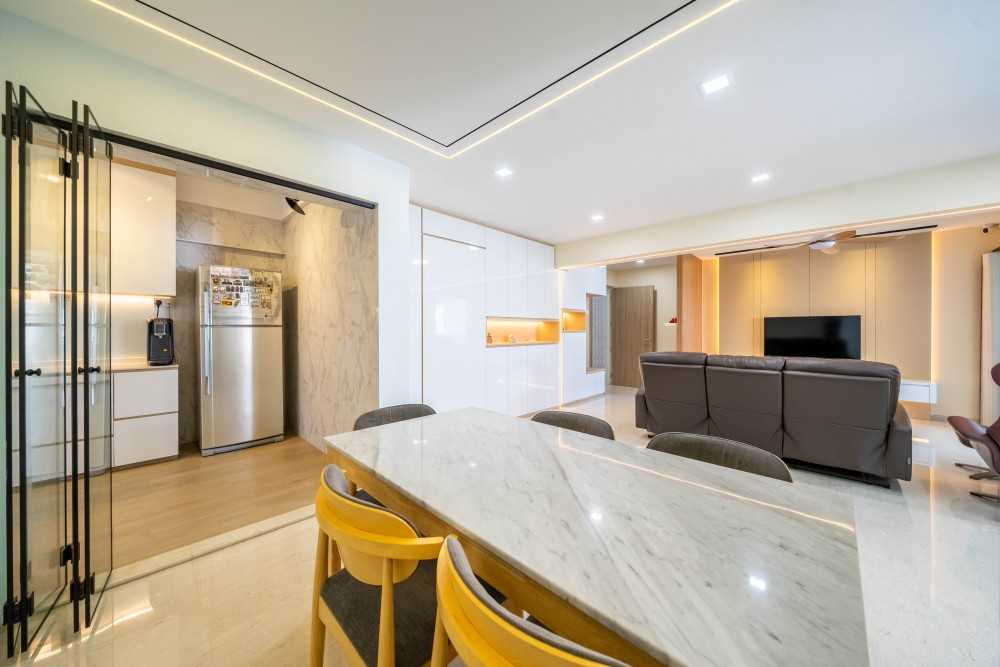 Contemporary Dining Room with Cove Lighting and Downlights