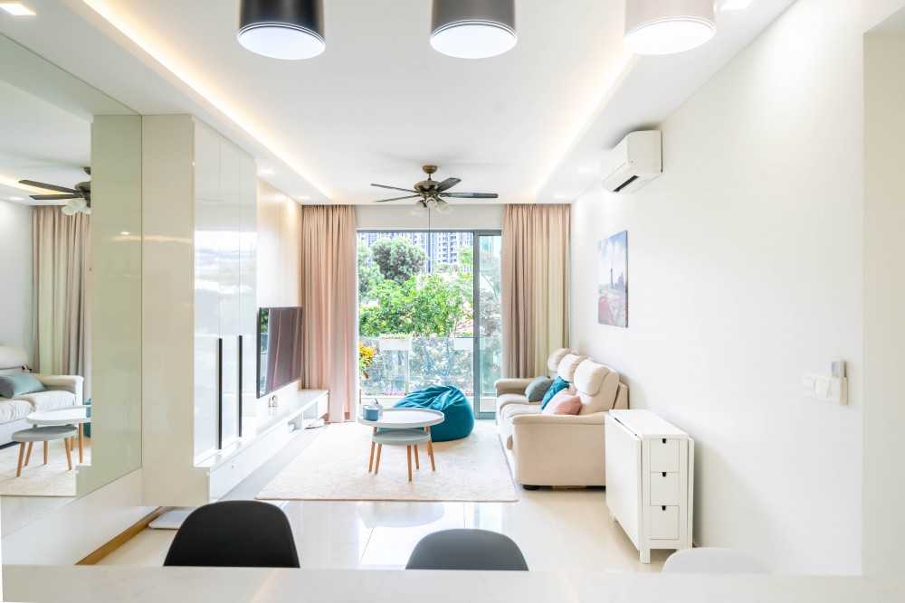 Contemporary Living Room with Homogeneous Tiles and TV Console