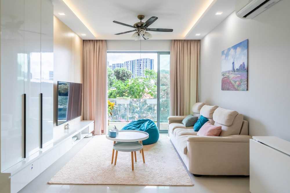 Contemporary Living Room with Homogeneous Tiles and TV Console