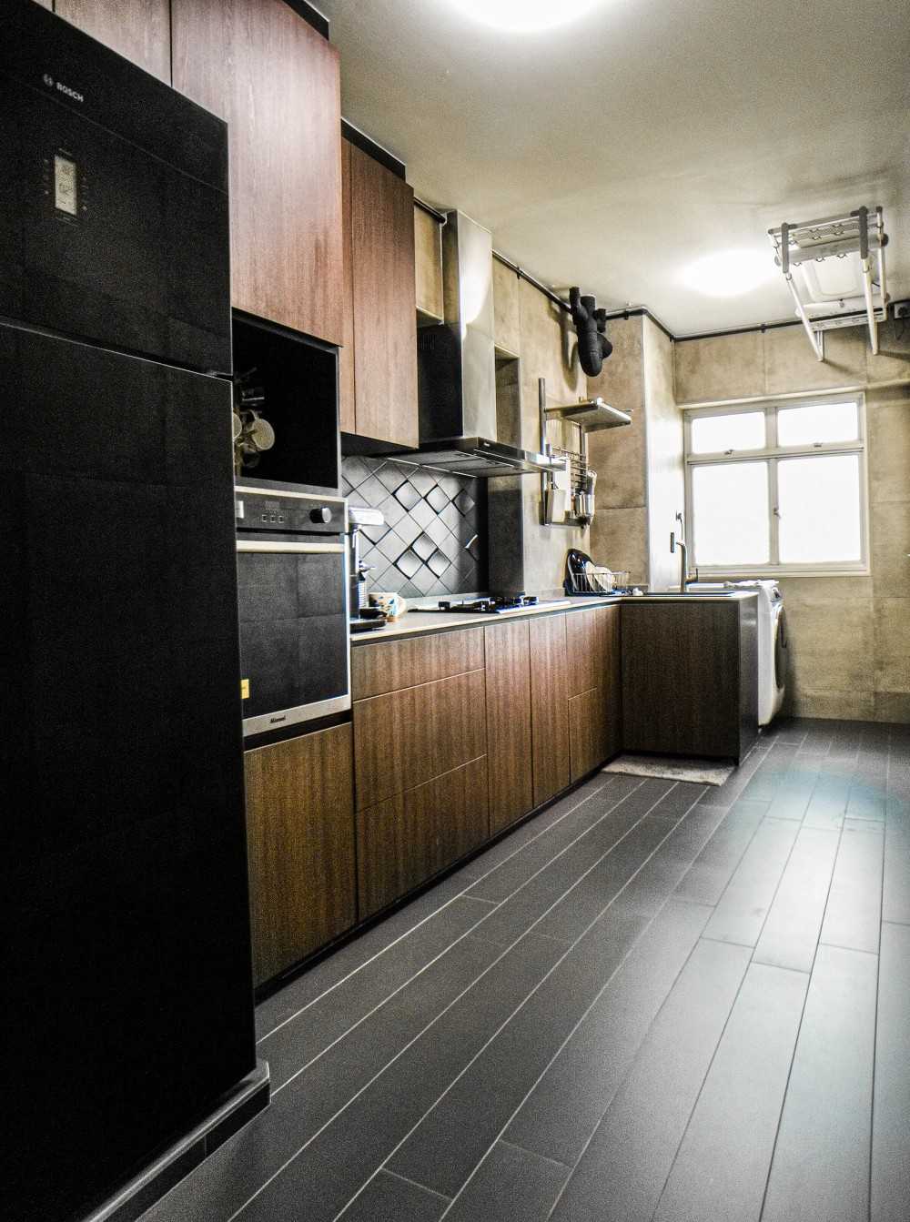 Scandinavian Kitchen with Homogeneous Tiles and Laundry Area
