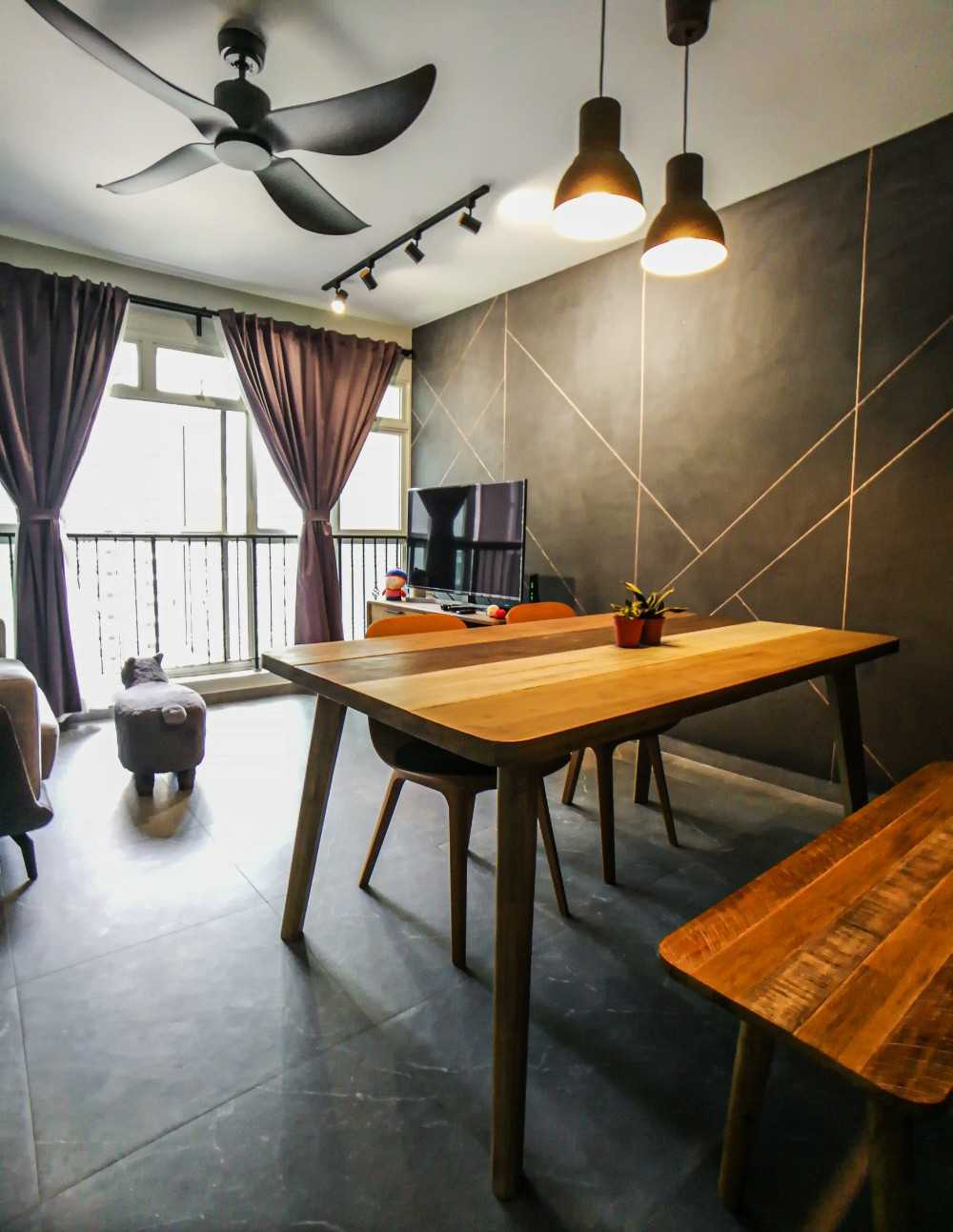Scandinavian Dining Room with Feature Wall and Ceiling Fan