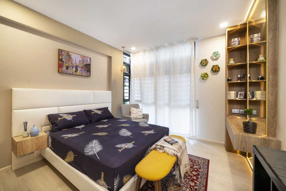 Minimalist Bedroom with Bookshelf and Bedside Table